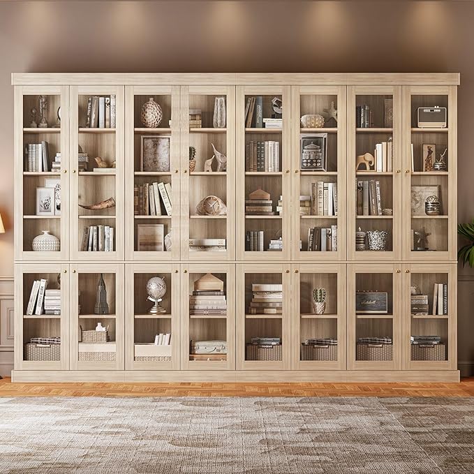70.8" Bookshelf with Glass Doors, Farmhouse Modular Bookcase with 6-Tier Adjustable Shelves, Large Storage Cabinet for Living Room & Home Office, Set of 4, Brown