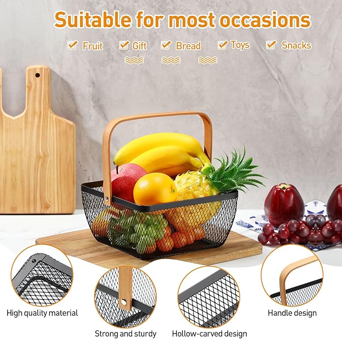 6 Pcs Metal Mesh Steel Basket with Handle Small Shopping Baskets Square Wire Harvest Storage for Kitchen Storage Garden Picnic Bathroom Organizing, 8.46 x 8.46 x 4.13 Inch(Black)