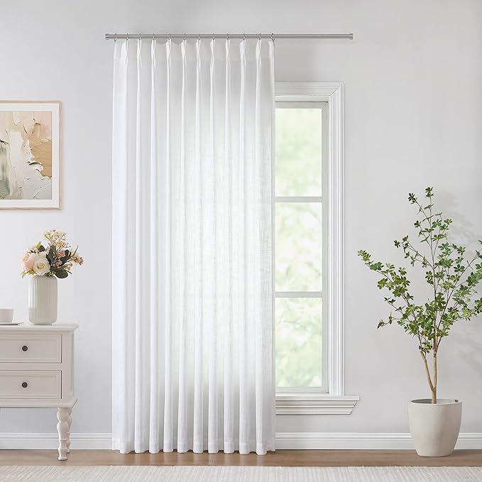 Vision Home White Pinch Pleated Semi Sheer Curtains Textured Light Filtering Window Curtains 95 inch for Living Room Bedroom Patio Rayon Blended Pinch Pleat Drapes with Hooks 1 Panel 60" Wx95 L