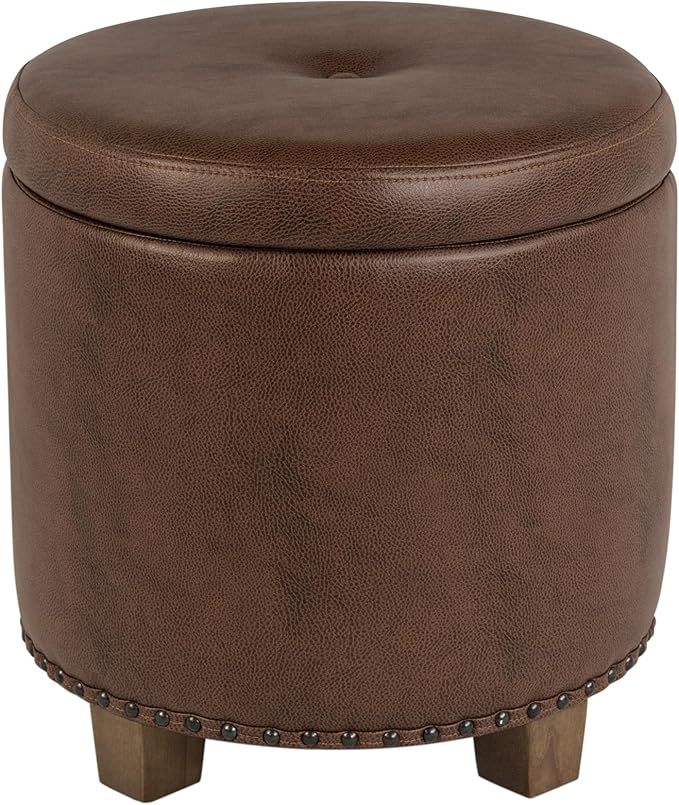Homepop Home Decor | Upholstered Round Storage Ottoman with Nailheads| Ottoman with Storage for Living Room & Bedroom, Brown Faux Leather