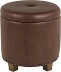 Homepop Home Decor | Upholstered Round Storage Ottoman with Nailheads| Ottoman with Storage for Living Room & Bedroom, Brown Faux Leather