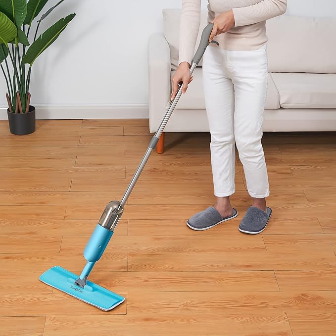 True & Tidy® SPRAY-250 Multi-Surface Spray Mop with Refillable Water Bottle for Floor Cleaning, Works on Wood, Tile, Marble etc, Use Any Cleaning Solution, Machine Washable Microfiber Mop Pads, Blue