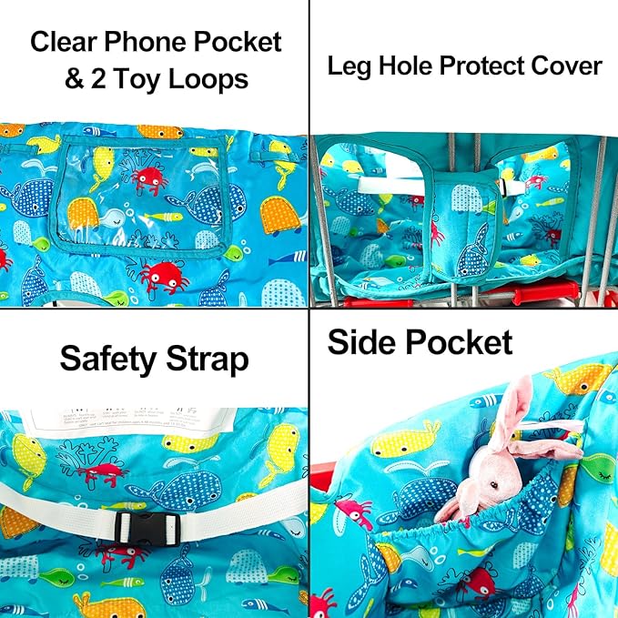 Love&go Soft Pillow Attached 2-in-1 Shopping Cart and High Chair Cover for Baby~Padded~Fold'n Roll Style~Portable with Free Carry Bag (Blue Seaworld)
