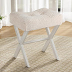 18-Inch Vanity Stool Chair, Vanity Bench with Metal X-Legs, Ottoman Accent Stool with Breathable and Soft Boucle Fabric Saddle Seat, Beige