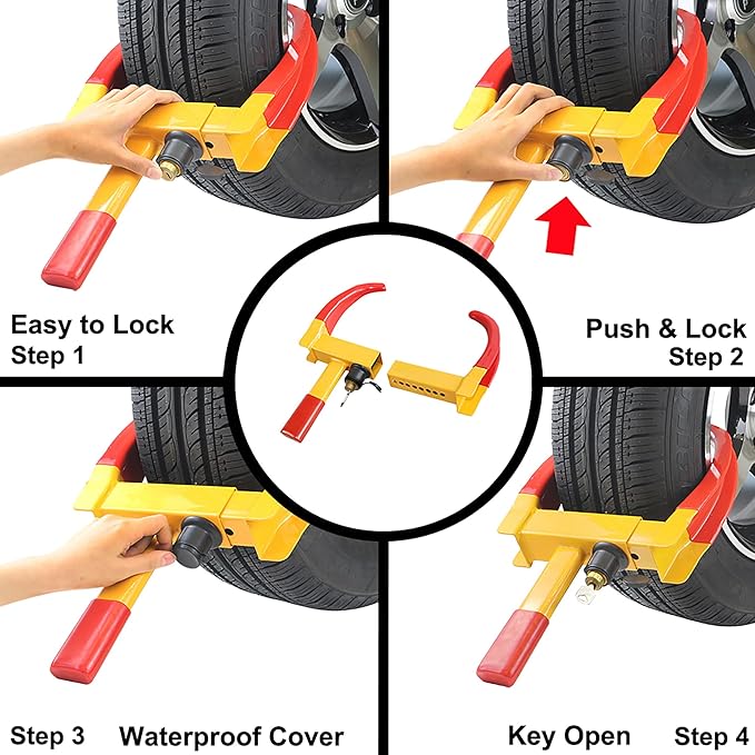 KAYCENTOP Universal Wheel Lock, Security Trailer Wheel Lock, Tire Lock Anti Theft for Trailers Golf Cart SUV Boat ATV Motorcycle Camper, 2 Packs with 6 Alike Keys (Yellow-Red)