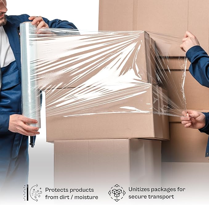 PSBM Stretch Wrap, 4 Pack, 18 Inch x 1500 Feet, 90 Gauge, Clear Plastic Cling, Cast Hand Stretch Film Rolls for Packaging Moving Packing Pallets