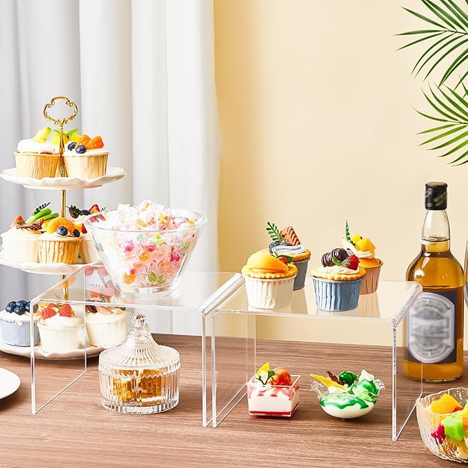 2 Pcs 9 Inch Large Acrylic Risers Display Stands 5 mm Thick Acrylic Shelf Riser Showcase for Collectibles Jewelry Cupcakes Food Figures Perfume Cabinet (Clear)
