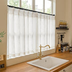 Cream Linen Cafe Curtains 24 Inch Length Pinch Pleated 2 Panels Set Farmhouse Short Kitchen Window Curtains Light Filtering Semi Sheer Pinch Pleat Back Tab Small Window Drapes for Bathroom Camper RV