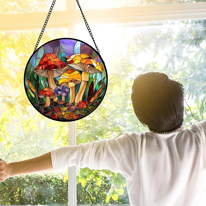 Stained Glass Window Hanging, Jungle Mushrooms Sun Catchers Diamond Glass Panel Hangings Plant Suncatcher Decor for Birthday for Women,Men, Wife, Aunt,and Mom 6.3X6.3 in