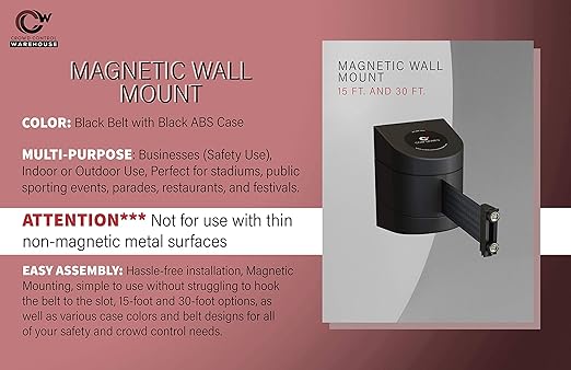 Crowd Control Warehouse - CCW Series WMB-220 Magnetic Wall Mount Retractable Belt Barrier -15 Foot Black Belt and Black ABS Case, Crowd Control Barriers
