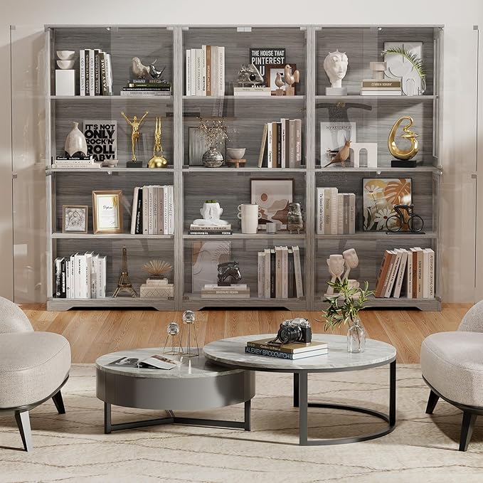 Display Cabinet with Glass Doors, 4-Tier Curio Cabinet with 3 Color Lights for Collectibles, Glass Display Case with Human Body Sensor, Bookcase with 4 Shelves, Storage Cabinets, Gray