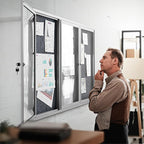 72"x36" Lockable Enclosed Bulletin Board, Outdoor Flet Weather-Resistant Aluminum Frame Notice Board, Wall Mounted Display Case Acrylic Doors for School,Office,Silver Frame w/Grey Flet