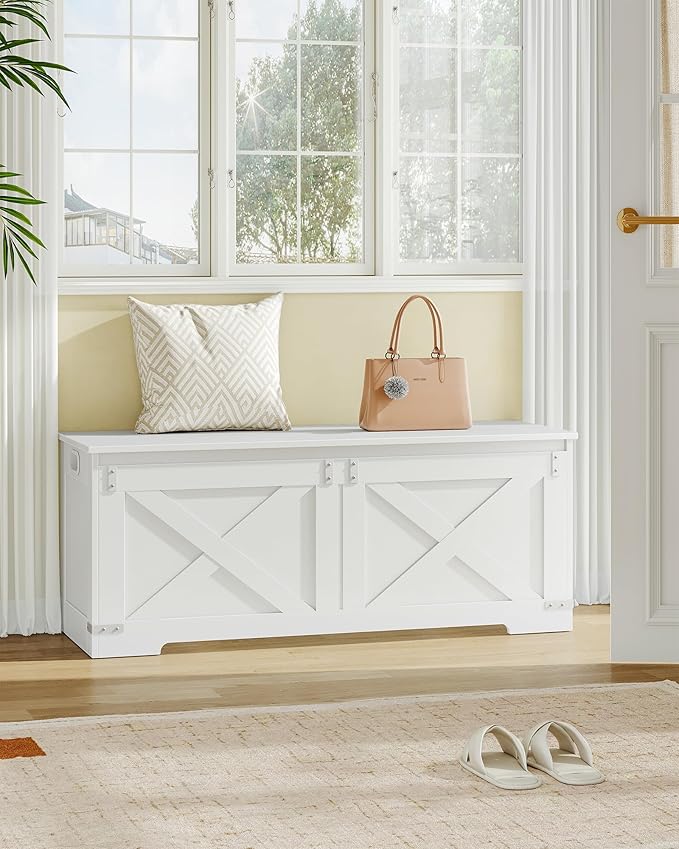 47.2" Storage Chest, Large Storage Trunk with 2 Hinges, Farmhouse Wooden Box Bench, Lift-Top Organizer Chest, Entryway Trunk for Bedroom, Living Room, White SB12103X