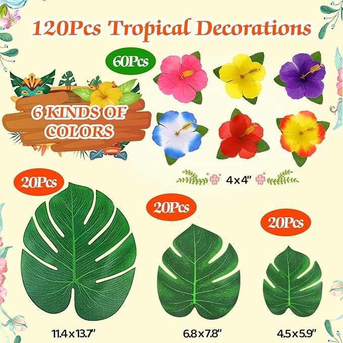 120Pcs Luau Party Decorations Fake Plants Palm Leaves Monstera Hibiscus Flowers Simulation Artificial Leaf for Hawaiian Luau Safari Parties Jungle Beach Wedding Birthday Theme Party Table Decorations