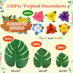 120Pcs Luau Party Decorations Fake Plants Palm Leaves Monstera Hibiscus Flowers Simulation Artificial Leaf for Hawaiian Luau Safari Parties Jungle Beach Wedding Birthday Theme Party Table Decorations