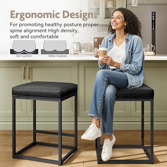 MAISON ARTS Black Counter Height 24" Bar Stools Set of 3 for Kitchen Counter Backless Modern Square Bartools Upholstered Faux Leather Stools Farmhouse Island Chairs, (24 Inch,Black)