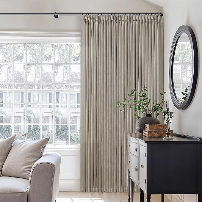 Linen Sheer Pleated Curtains 120 Inches Long 70 Inch Wide Patio Sliding Door Curtains Light Filtering Semi Sheer Pinch Pleat Drapes Burlywood Taupe Extra Wide 70x120 Drapes for Living Dining Room