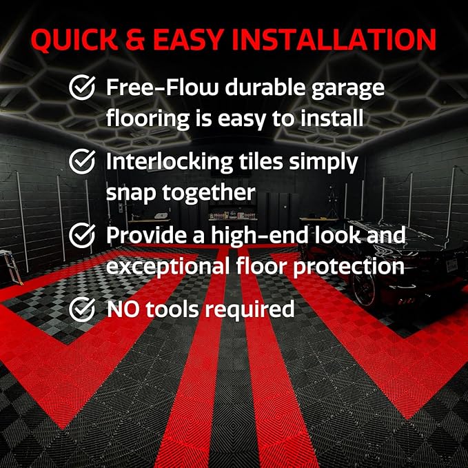 Big Floors RaceDeck Free-Flow Interlocking Garage Flooring Tiles, Non-Slip, Self-Draining, Heavy-Duty, High-Impact Copolymer, Easy Install (Black, 24 Pack of 12 x 12" Tiles)