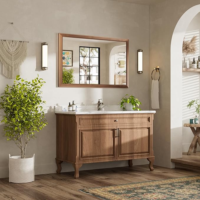 48x30 Inch Bathroom Mirror for Wall, Anti-Rust Walnut Wood Grain Metal Framed Bathroom Mirrors for Over Sink,Rectangler Mirrors for Bathroom Vanity, Farmhouse, Bedroom, Living Room, Entryway Decor