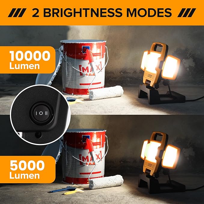 LUTEC 91.6W 10000 Lumen LED Work Light, Foldable Work Lights with 3 Adjustable Head, Portable Corded Construction Lights Job Site Lighting
