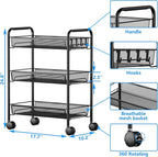 OVICAR Mesh Wire 3 Tier Rolling Cart, Kitchen Storage Utility Cart, Multifunction Basket Stand for Bathroom, Full Metal Storage Art Trolley Carts with Wheels & 4 Side Hooks (Black)