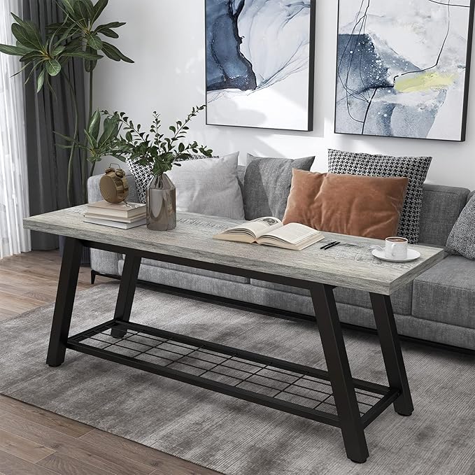 Grey Storage Bench Industrial Rustic Wooden and Metal Entryway Shoe Boots Storage Rack Long Bench Seat for Hallway Bedroom Rustic Farmhouse Style