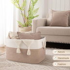 95L Extra Large Blanket Basket with Lid, 24" x 16.9" x 14.2" Woven Storage Basket for Living Room, Rectangle Nursery Blanket Storage for Toys, Towels, Dirty Clothes, Yellow & White