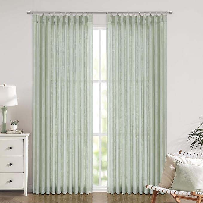 Vision Home Soft Green Pinch Pleated Semi Sheer Curtains Textured Linen Blended Light Filtering Window Curtains 95 inch for Living Room Bedroom Patio Pinch Pleat Drapes with Hooks 1 Panel 60" Wx95 L