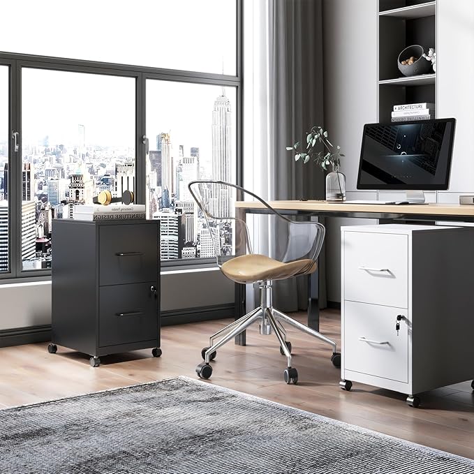 2 Drawer Mobile File Cabinet with Lock and Wheels, Small Vertical Under Desk Steel Rolling Storage Cabinet for Home Office Legal/Letter/A4 Files, Assembly Required (White)