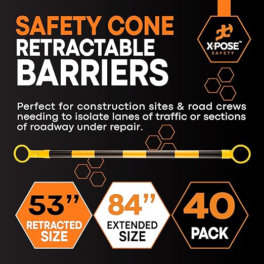 Retractable Barrier for Safety Traffic Cones - 2" OD - Large Yellow and Black Bar Barricade - for Road Construction, Parking, Warning, Temporary Security Divider (40, Yellow & Black, 53" x 84")