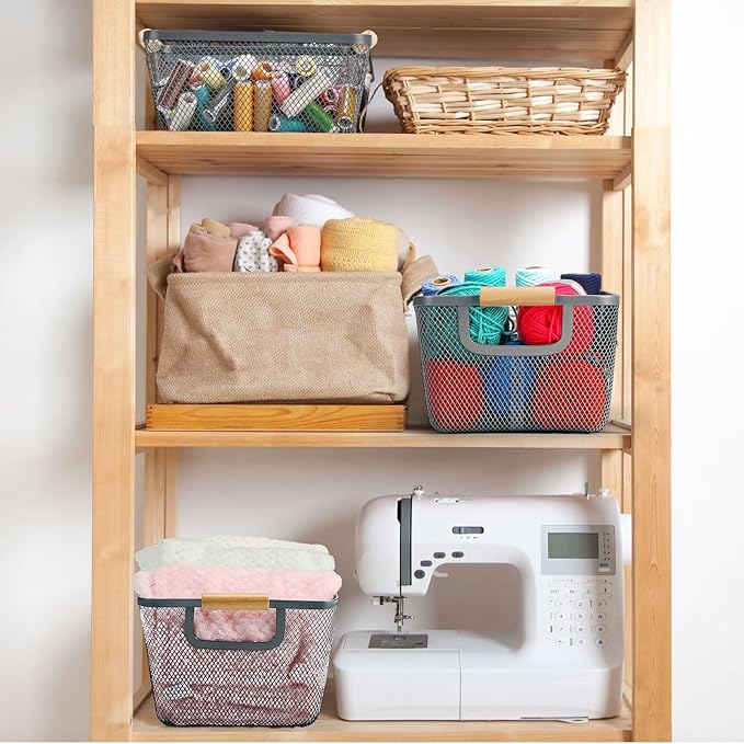 Maxcheck 6 Pack 3 Size Metal Wire Baskets Wooden Handles Steel Mesh Storage Bins Organizer Containers Gift for Home Cabinets Closet Kitchen Food Fruit Freezer Storage Rectangle(Dark Grey)