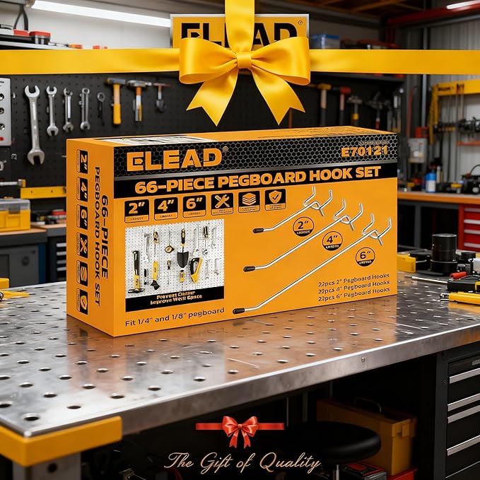 ELEAD 66-Piece 2/4/6 Inch Pegboard Hooks, Heavy Duty Peg Board Organizer Accessories, Peg Board Tool Hangers Fit for 1/4" and 1/8" Pegboard Hanging Tools Garage, Workshop, and Craft Storage