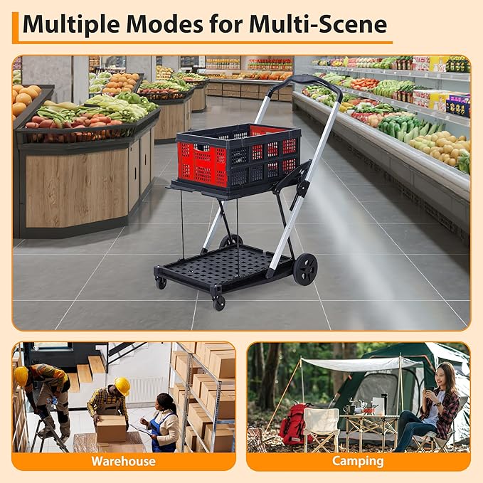 Foldable Shopping Cart with 2 Storage Crates – 2-Tier Collapsible Utility Cart, Aluminum Trolley with 360° Rolling Swivel Wheels & Removable Baskets for Groceries, Office, Travel, Apartment
