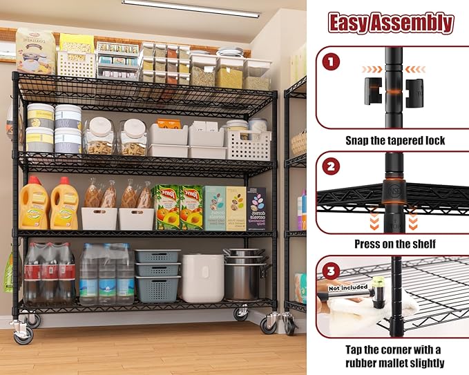 PrimeZone 3 Packs 55.5" W x 24" D x 80" H Heavy Duty Wire Storage Shelves with Wheels, 4 Tier Adjustable NSF Certified Garage Shelving Unit, Rolling Metal Organizer Shelf Rack for Warehouse, Pantry