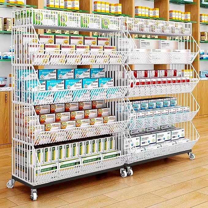 5-Tier Slanted Rolling Retail Display Rack with Locking Wheels | Heavy-Duty Metal Snack & Chip Display Stand for Grocery Stores, Supermarkets, Bakery | Space-Saving Store Organization Shelf