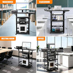 All-Steel AV Cart with Wheels and Power, Height Adjustable Media Workstation with Drop-Leaf Shelves for Projectors, Laptops & Printers, Heavy Duty Presentation Cart with Pull-Out Keyboard Tray