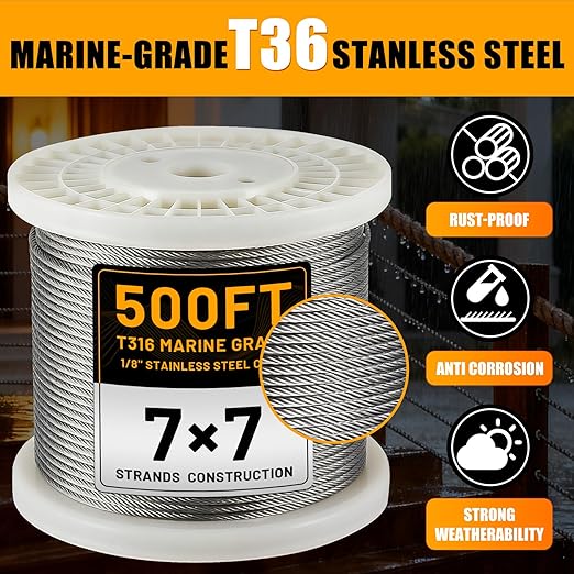 AHEONLAR 500FT 1/8" T316 Stainless Steel Cable for Railing,7x7 Wire Rope with Cutter,1850 lb Breaking Strength,Deck Stair Fence Hardware Kit for Indoor Outdoor Use,Silver