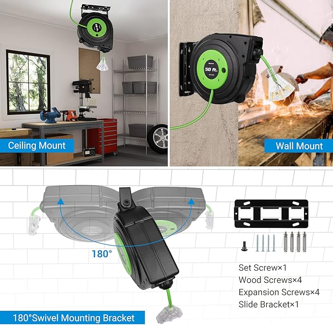 DEWENWILS Retractable Cord Reel, 50FT Extension Cord Reel, 14AWG/3C SJTOW, Grounded Outlets Lighted Triple Tap, 13 Amp Circuit Breaker, Wall/Ceiling Mountable, UL Listed