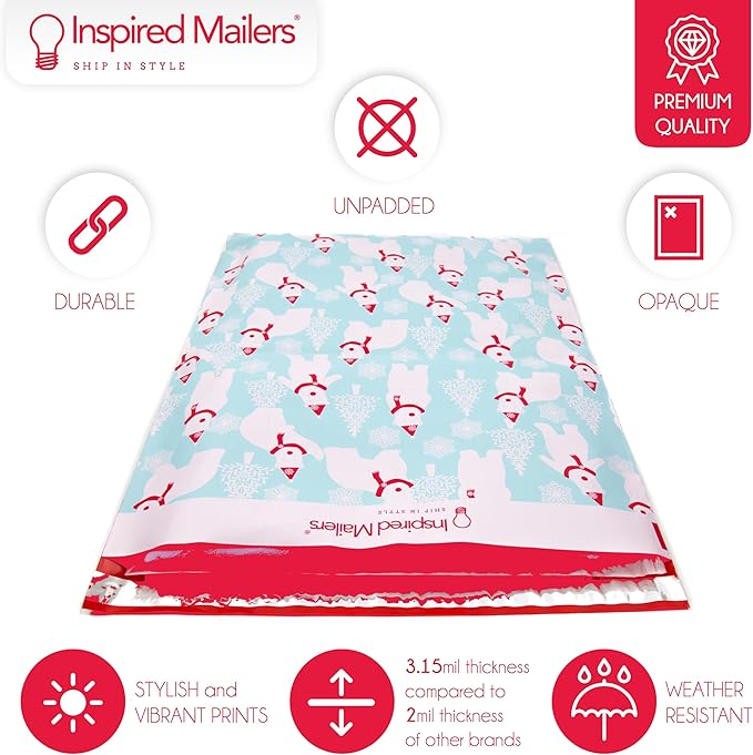 Inspired Mailers - Large Poly Mailers 14.5 x 19-50 Pack - Polar Bears (Blue) - Holiday Shipping Bags - Large Mailing Envelopes - Christmas Shipping Envelopes