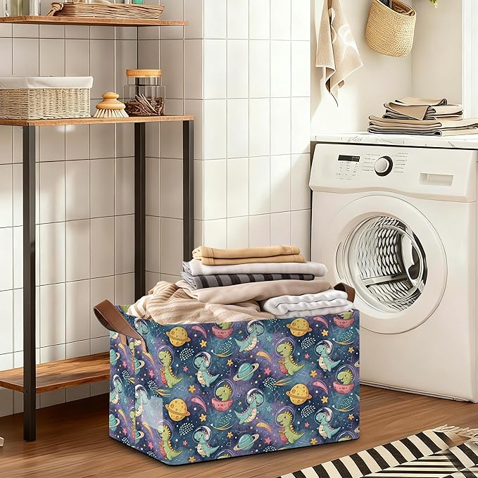 Decorative 32L Space Dinosaur Storage Bins with Handles, Organization and Storage, Cube Storage Organizer for Hamper, Nursery