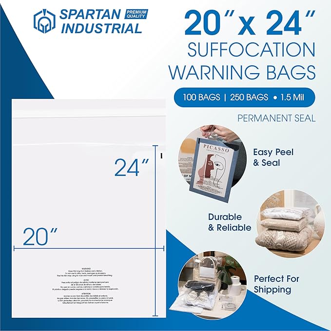 Spartan Industrial - 20" X 24" (250 Count) Self-Seal Clear Poly Bags With Suffocation Warning for Packaging, Bedding, Costumes - Permanent Adhesive