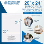 Spartan Industrial - 20" X 24" (250 Count) Self-Seal Clear Poly Bags With Suffocation Warning for Packaging, Bedding, Costumes - Permanent Adhesive
