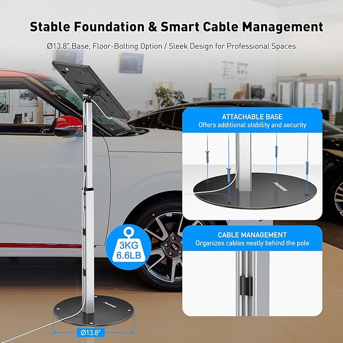 AboveTEK Anti Theft iPad Floor Stand, Robust Security Kiosk POS Tablet Stand, Height Adjustable Secure Holder Enclosure w/Lock and Key Mechanism for iPads/iPad Air/iPads Pro, Ideal for Retail Business