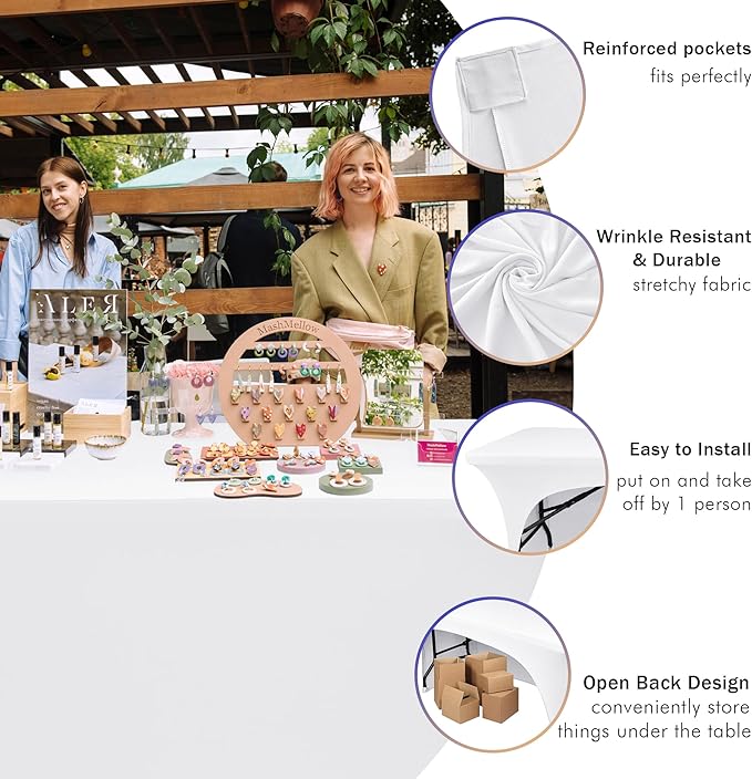 Nasitos 6 Pack White 6 ft Table Cloth Fitted-Open Back Spandex Table Covers Fabric Washable and Wrinkle Resistant Stretch Tablecloth for Parties, Wedding, Banquet, Jewelry Trade Show, Craft Fair