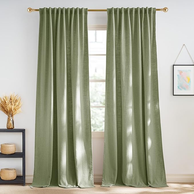 NICETOWN Waffle Weave Linen Sage Green Curtains for Bedroom, Privacy Farmhouse Drapes Light Filtering Window Treatments for Living Room, W52 x L84, 2 Panels