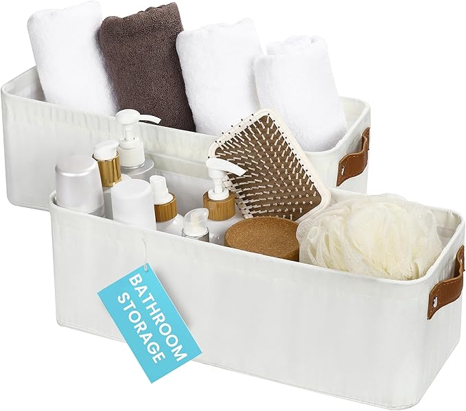 OrganiHaus Narrow Storage Bins 15x06in, Small Closet Bins for Shelves, Bathroom Storage Baskets for Shelves, Narrow Baskets, Fabric Organizer with Handles, Toilet Paper Organizer - 2 Pack, Off-White