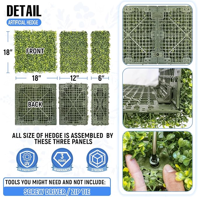 E&K 18" Wx18 Hx6 D Artificial Boxwood Hedge Wall, Artificial Outdoor Privacy Wall for Balcony Backyard Office, Indoor Divider Freestanding Greenery Backdrop