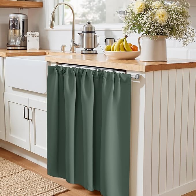 PONY DANCE Dark Green Blackout Cafe Curtains 24 inch Long, Thermal Insulated Small Window Curtains for RV Camper, Privacy Basement Short Drapes, W 29 x L 24 inches, 2 Panels Set