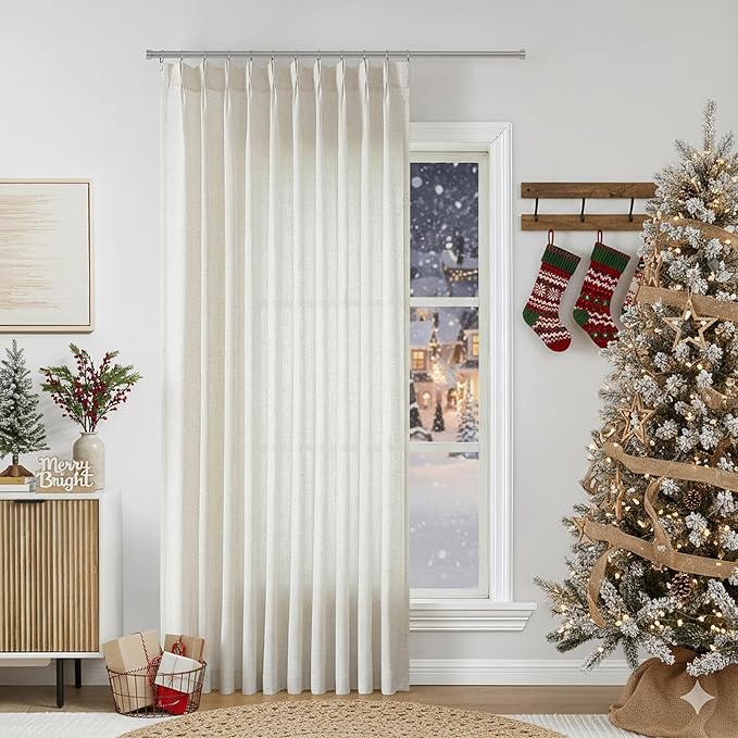 Vision Home Natural Pinch Pleated Semi Sheer Curtains Textured Linen Blended Light Filtering Window Curtains 108 inch for Living Room Bedroom Patio Pinch Pleat Drapes with Hooks 1 Panel 60" Wx108 L