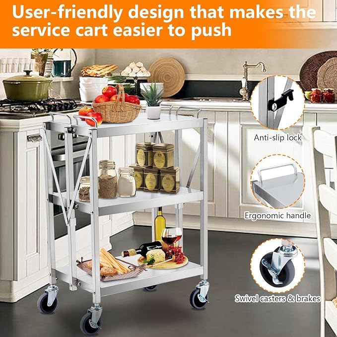 Upgraded Superior Foldable Stainless Steel Utility Cart, 300 LBS Heavy - Duty Load Limit, 3 - Tier Extra - Large Storage with Lockable 360° Rotating Wheels, Heavy - Duty Rolling Cart for Restaurant, G